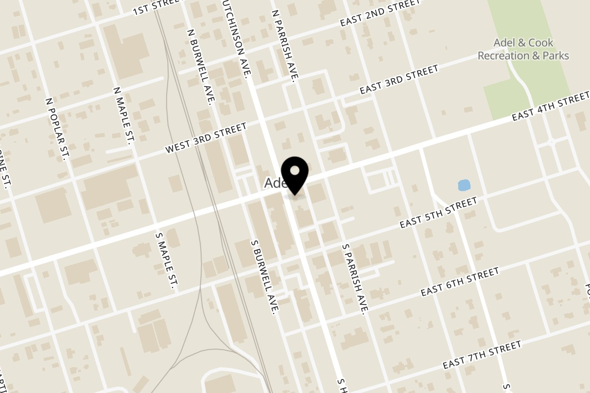 Map showing the location of Rico's Taco's Adel on 103 S Hutchinson Ave in Adel